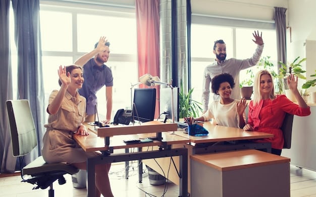 A team celebrating a successful project completion with high-fives and smiles in a modern office.
