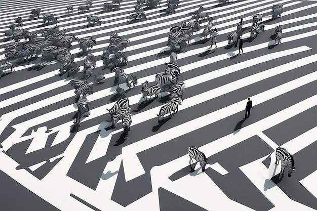 An intricate drawing of a maze, with arrows highlighting the many different paths to the main center, with many people in shadows navigating through it, as well.