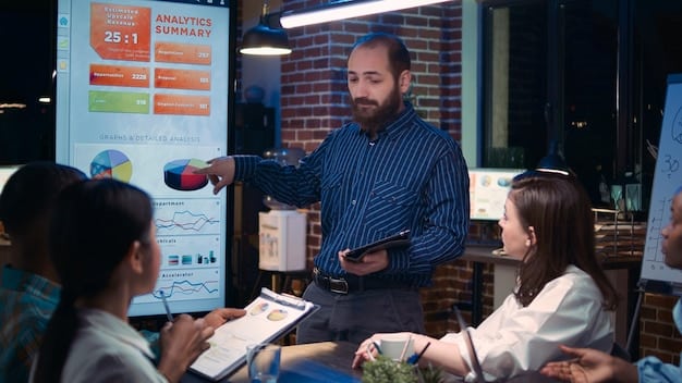 A leader in a strategic meeting, using advanced data analytics to identify potential crisis risks and develop proactive mitigation strategies. Emphasis on data visualization and collaborative problem-solving.