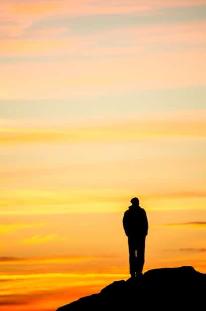 A leader standing on a mountaintop, silhouetted against a sunrise, symbolizing resilience and overcoming challenges. The landscape below is rugged and challenging, representing the difficulties of leadership.