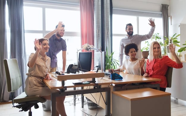 A team celebrating a success at the office.