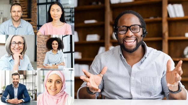 A diverse group of people participating in a video conference meeting, with one person gesturing to emphasize a point during the negotiation.