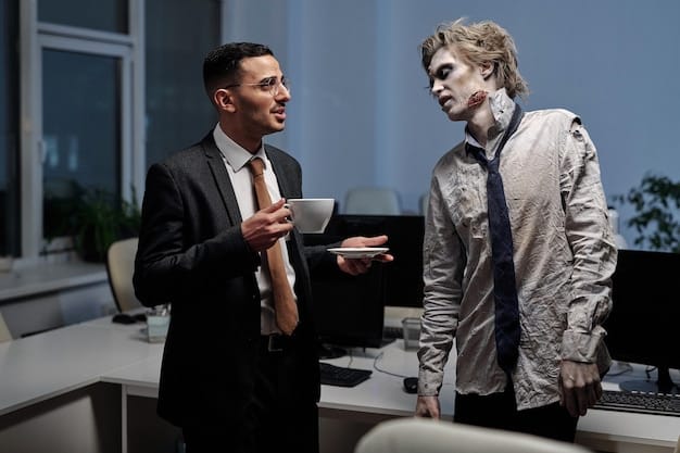 Two individuals in a workplace setting, locked in an intense but controlled conversation. One person is leaning forward, gesturing with their hands, while the other is listening intently with a serious expression. The background is a blurred office environment, emphasizing the conflict focused in the foreground.