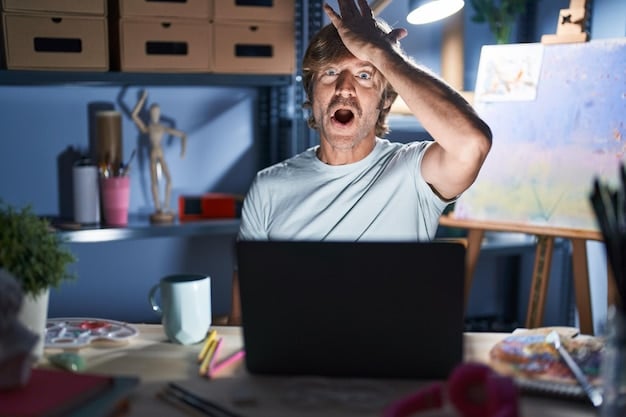 A person with their hands over their ears looking stressed, with multiple computer screens in the background showing various tasks and notifications. The scene shows a cluttered office environment.