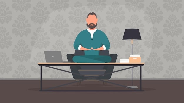 A person sitting at a desk with a closed laptop, eyes closed and hands folded in their lap, meditating in a clean and minimalist office space. The atmosphere is calm and serene.