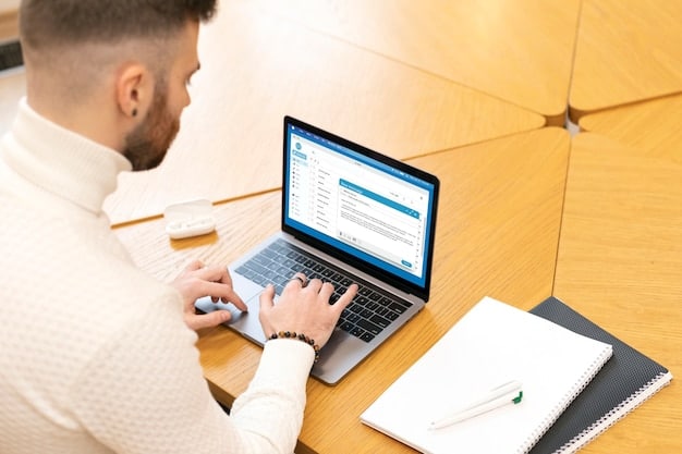 A person sitting at a desk with a laptop displaying the LinkedIn website. They are actively composing a message to a potential connection, with the LinkedIn logo prominently displayed, and the workspace is organized with motivational sticky notes and a cup of coffee, creating a scene of focused and intentional professional networking online.